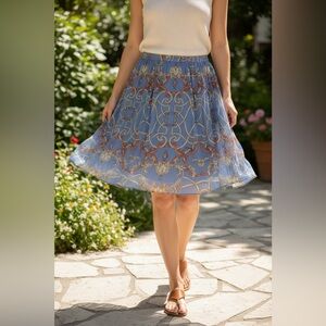 J. McLaughlin Blue Gold 100% Silk Pleated Equestrian Dellen Skirt Size 6